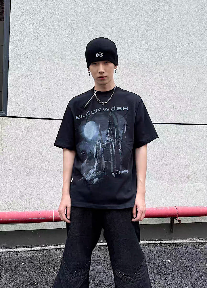 【5/21新作】Castle Front illustration design dull color short sleeve T-shirt  HL3148