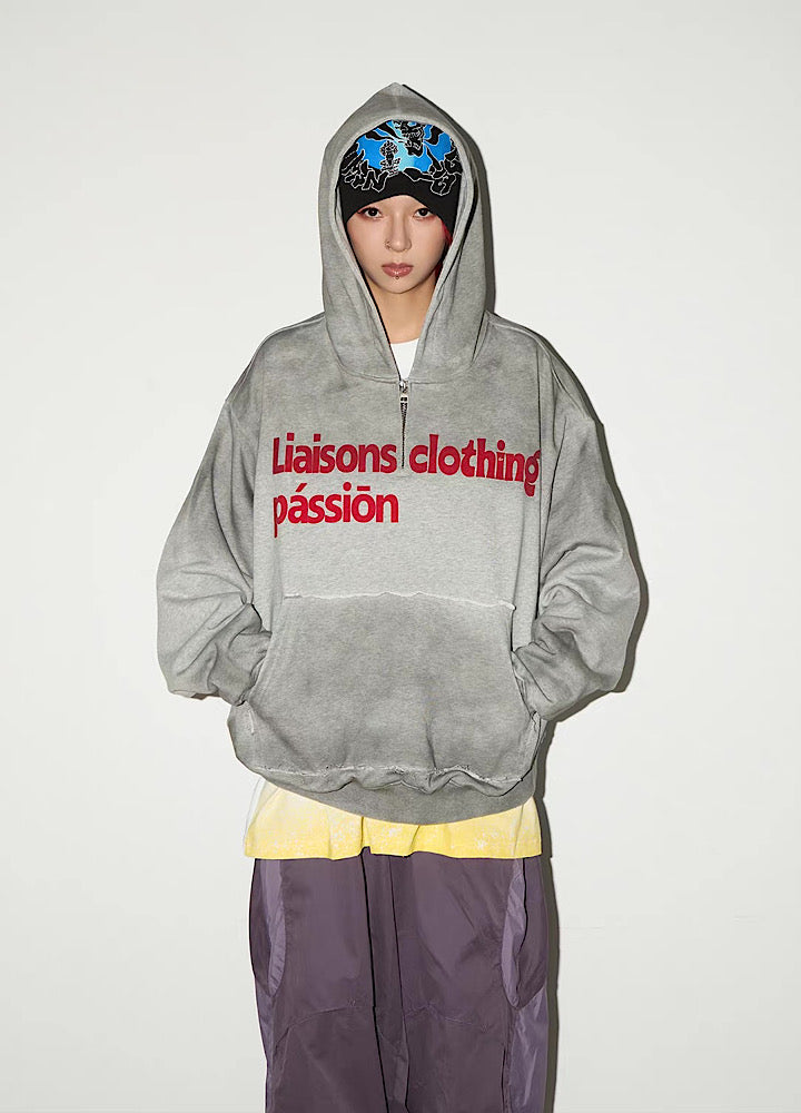 【MICHINNYON】Random wash street style oversized half-zip hoodie  MY0068