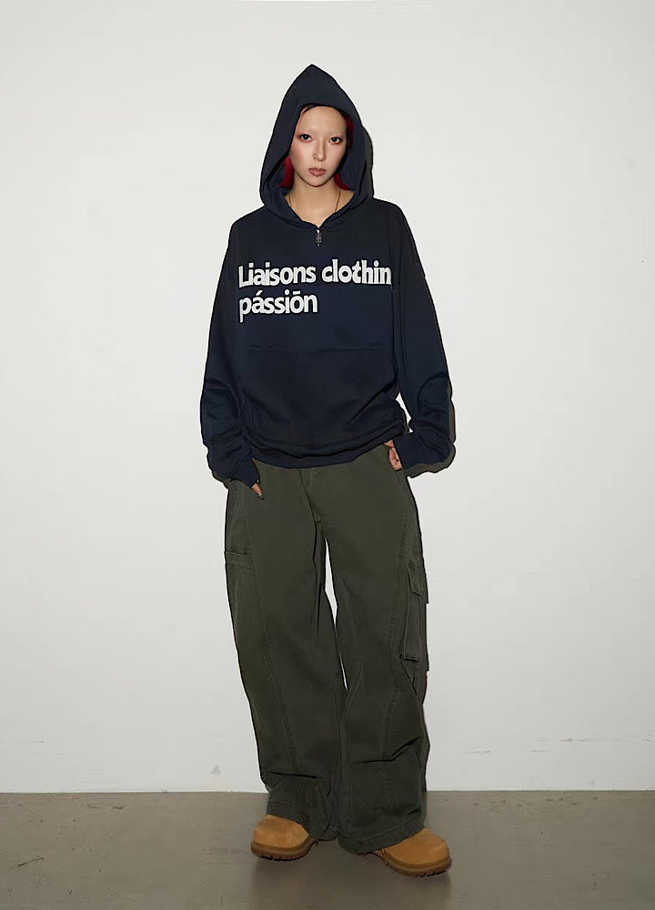 【MICHINNYON】Random wash street style oversized half-zip hoodie  MY0068