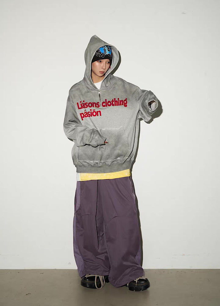 【MICHINNYON】Random wash street style oversized half-zip hoodie  MY0068