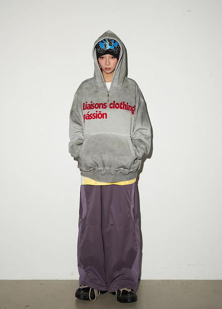 【MICHINNYON】Random wash street style oversized half-zip hoodie  MY0068