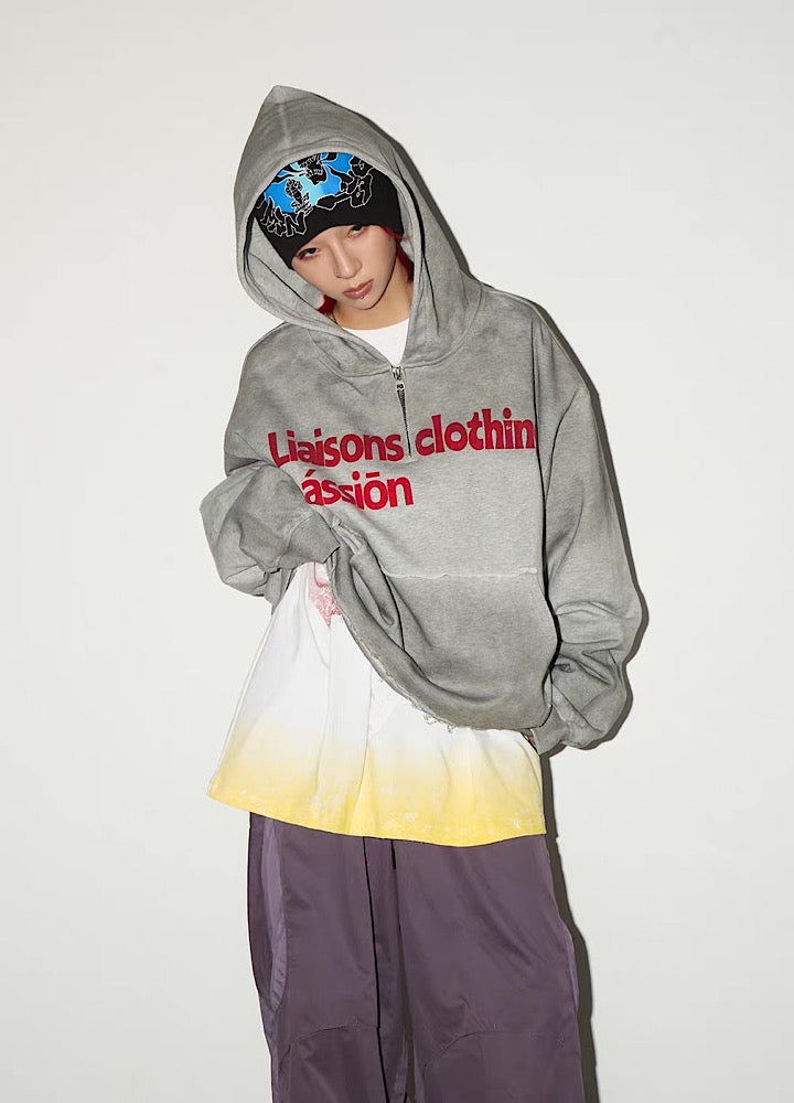 【MICHINNYON】Random wash street style oversized half-zip hoodie  MY0068