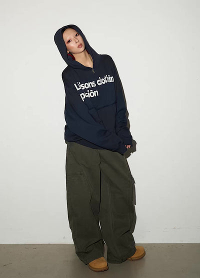 【MICHINNYON】Random wash street style oversized half-zip hoodie  MY0068