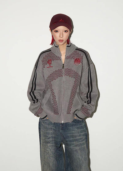 【MICHINNYON】Color Point High Neck Design Loose Zip Knit Sweater  MY0069