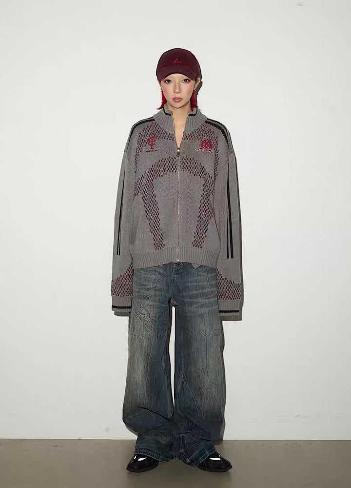 【MICHINNYON】Color Point High Neck Design Loose Zip Knit Sweater  MY0069