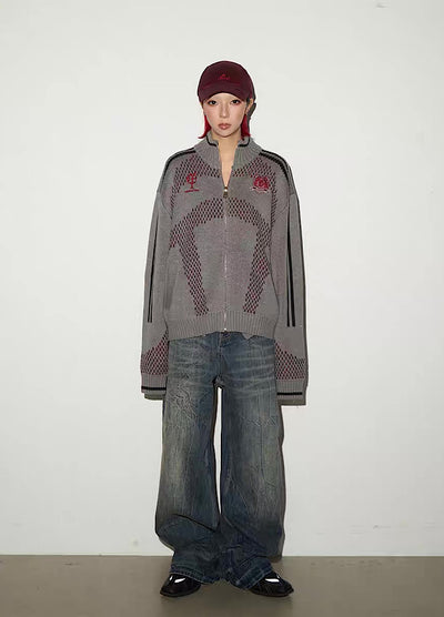 【MICHINNYON】Color Point High Neck Design Loose Zip Knit Sweater  MY0069
