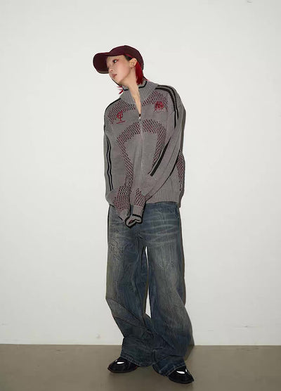 【MICHINNYON】Color Point High Neck Design Loose Zip Knit Sweater  MY0069