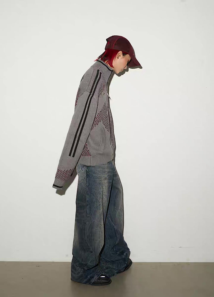 【MICHINNYON】Color Point High Neck Design Loose Zip Knit Sweater  MY0069