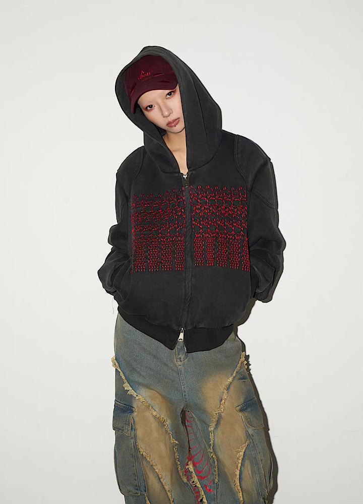 【MICHINNYON】Front red design double zip style hoodie  MY0070