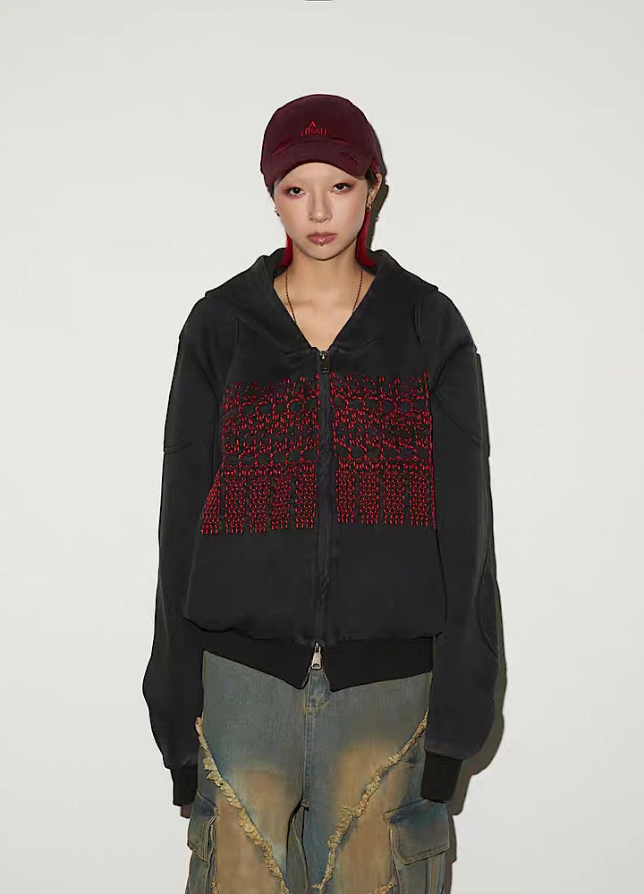 【MICHINNYON】Front red design double zip style hoodie  MY0070