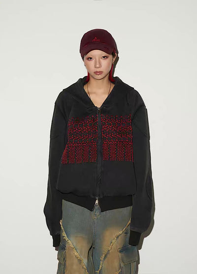 【MICHINNYON】Front red design double zip style hoodie  MY0070