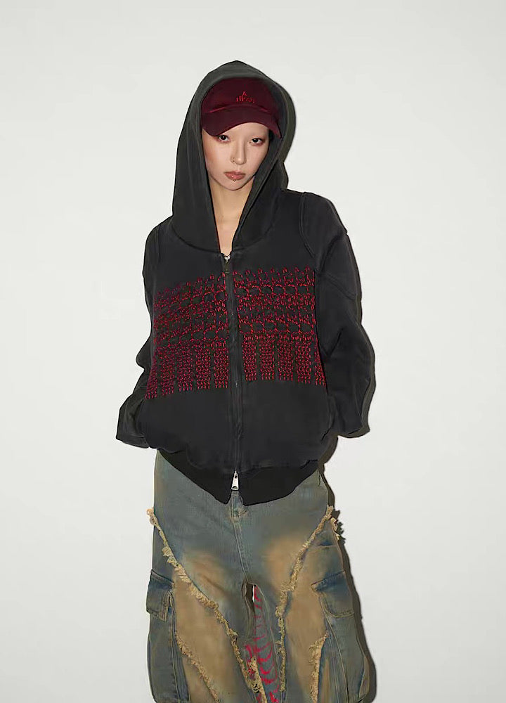 【MICHINNYON】Front red design double zip style hoodie  MY0070