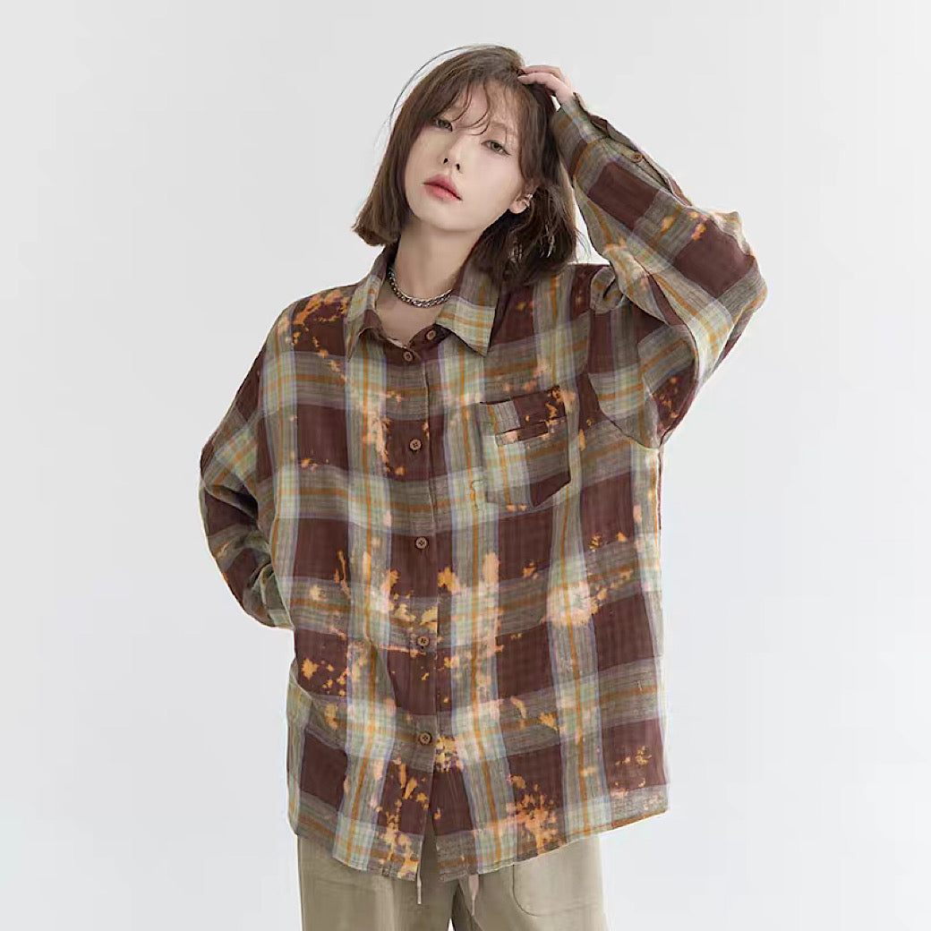 【Universal Gravity Museum】Washed Vintage Style Brown Long Sleeve Shirt  UG0032