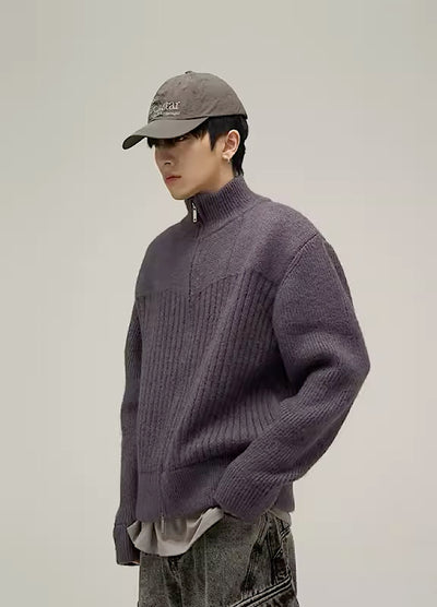 Line-shaped simple gimmick full zip knit sweater HL2957