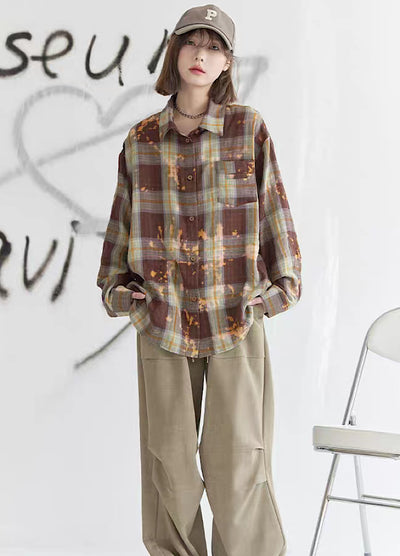 【Universal Gravity Museum】Washed Vintage Style Brown Long Sleeve Shirt  UG0032