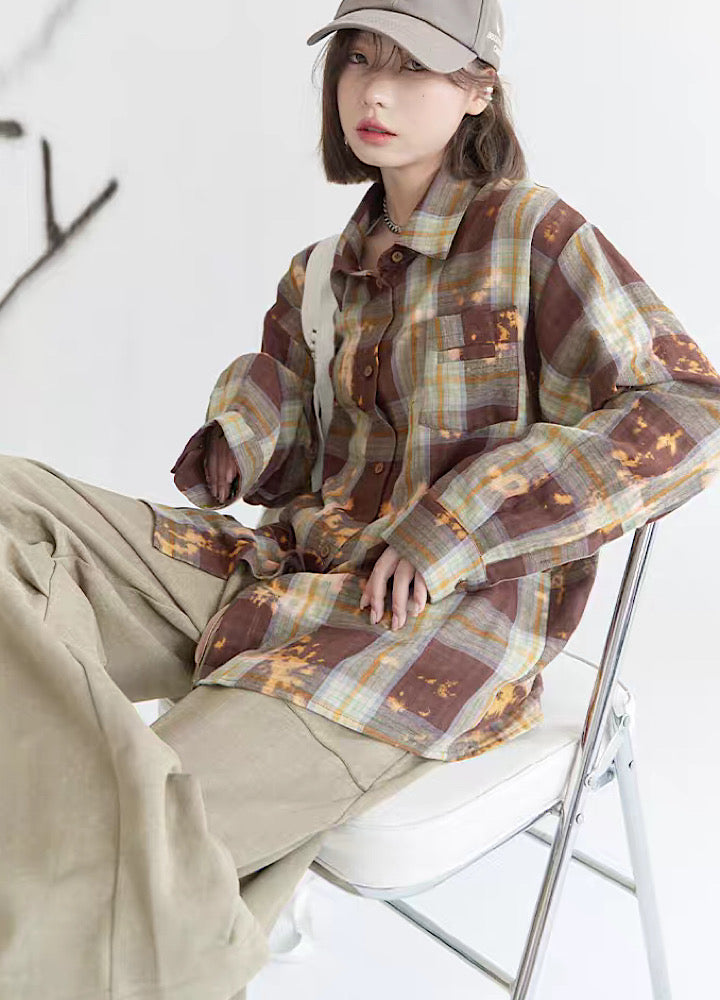 [Universal Gravity Museum] Washed Vintage Style Brown Long Sleeve Shirt UG0032