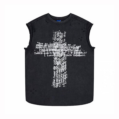 【Mz】English letter graphic cross design distressed sleeveless top  MZ0082