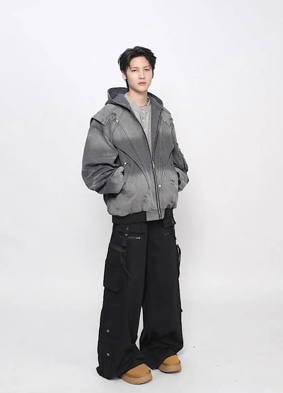 【Mz】Gimmick Design Washed Full Zip Over Hoodie Jacket  MZ0072