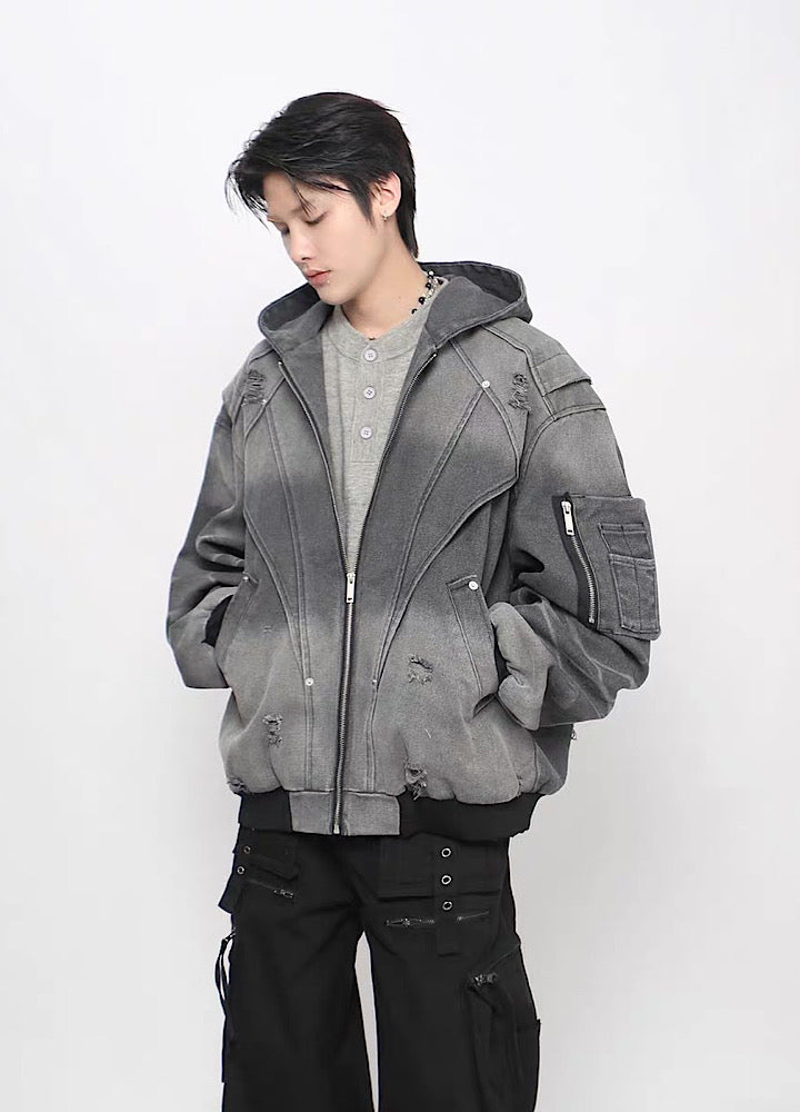 【Mz】Gimmick Design Washed Full Zip Over Hoodie Jacket  MZ0072