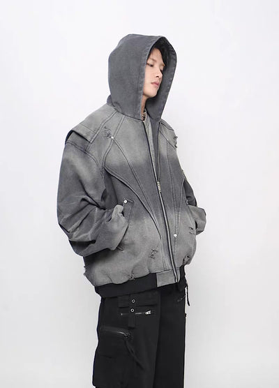 【Mz】Gimmick Design Washed Full Zip Over Hoodie Jacket  MZ0072