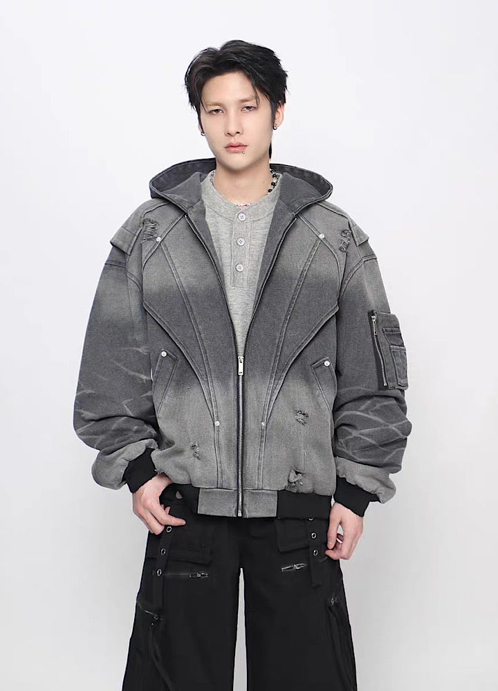 【Mz】Gimmick Design Washed Full Zip Over Hoodie Jacket  MZ0072