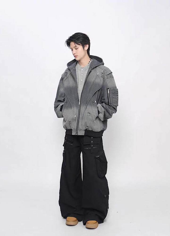 【Mz】Gimmick Design Washed Full Zip Over Hoodie Jacket  MZ0072