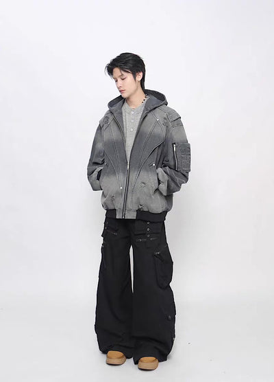 【Mz】Gimmick Design Washed Full Zip Over Hoodie Jacket  MZ0072