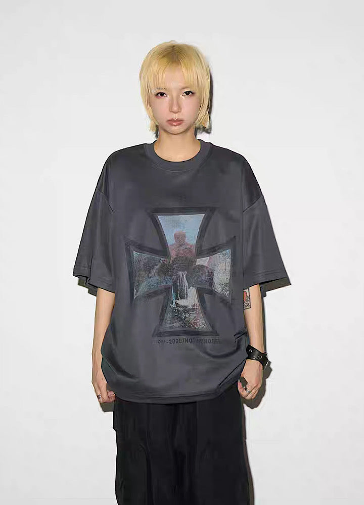 【MICHINNYON】Front cross design haze style short sleeve T-shirt  MY0044