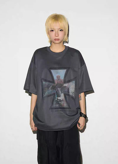【MICHINNYON】Front cross design haze style short sleeve T-shirt  MY0044