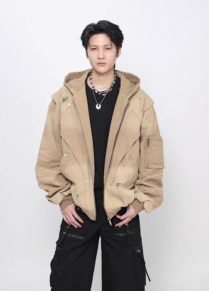 【Mz】Gimmick Design Washed Full Zip Over Hoodie Jacket  MZ0072