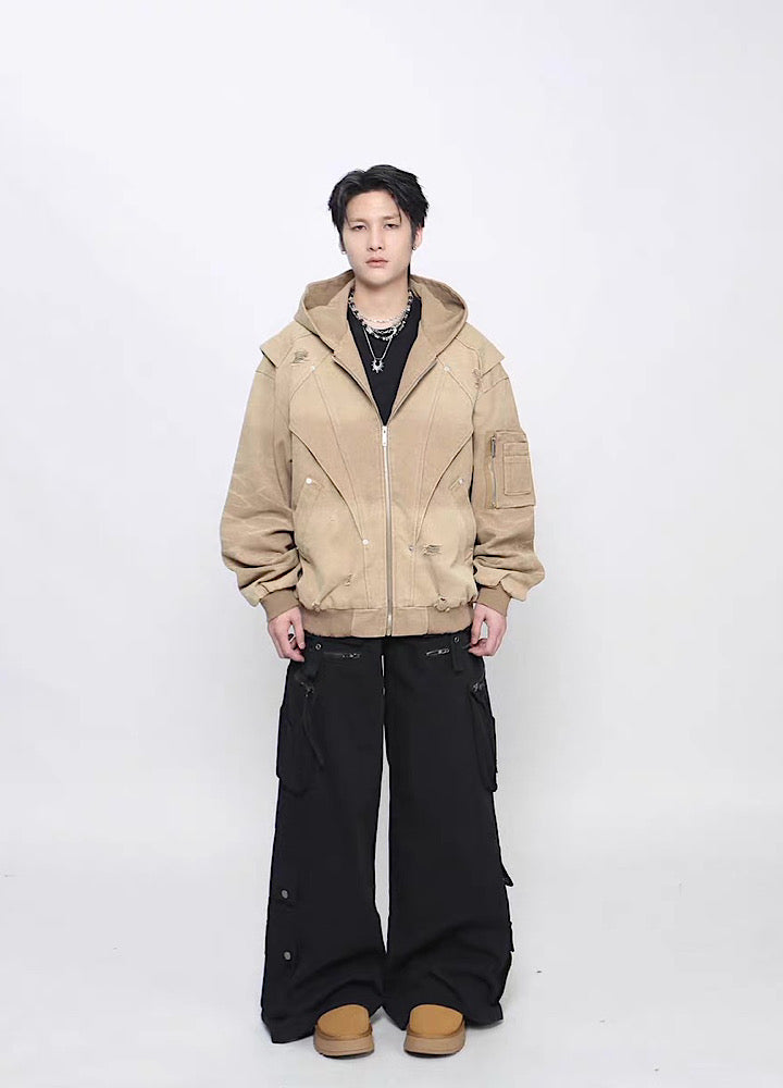 【Mz】Gimmick Design Washed Full Zip Over Hoodie Jacket  MZ0072