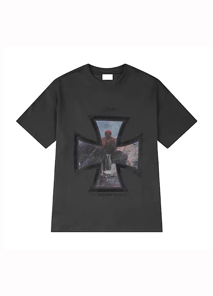 【MICHINNYON】Front cross design haze style short sleeve T-shirt  MY0044