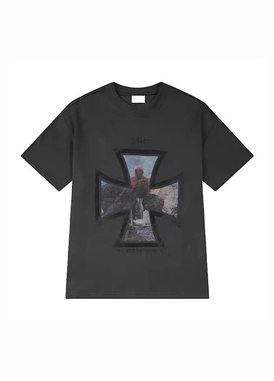 【MICHINNYON】Front cross design haze style short sleeve T-shirt  MY0044