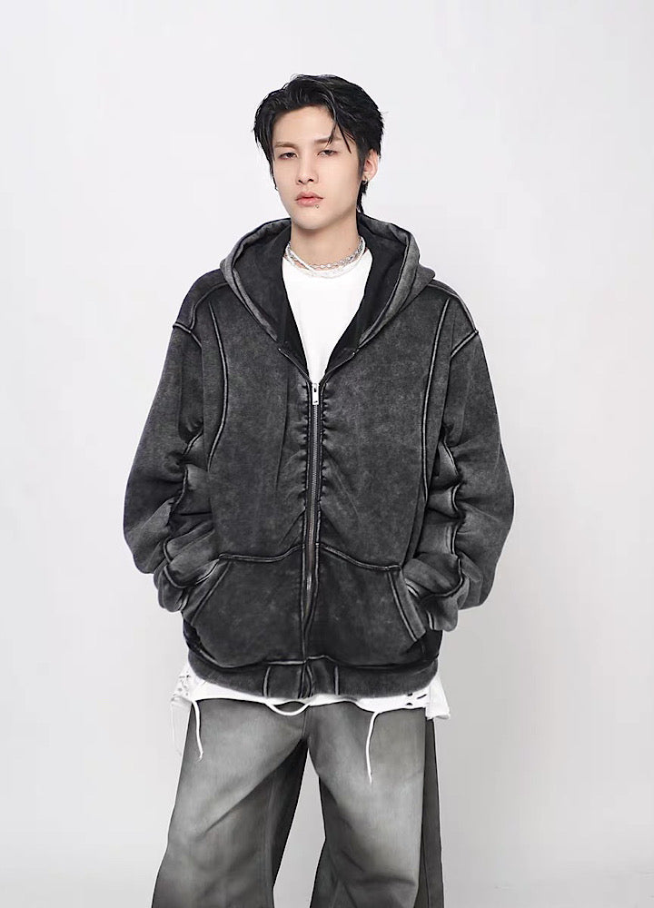【Mz】Muted base color slip line short silhouette full zip hoodie  MZ0073