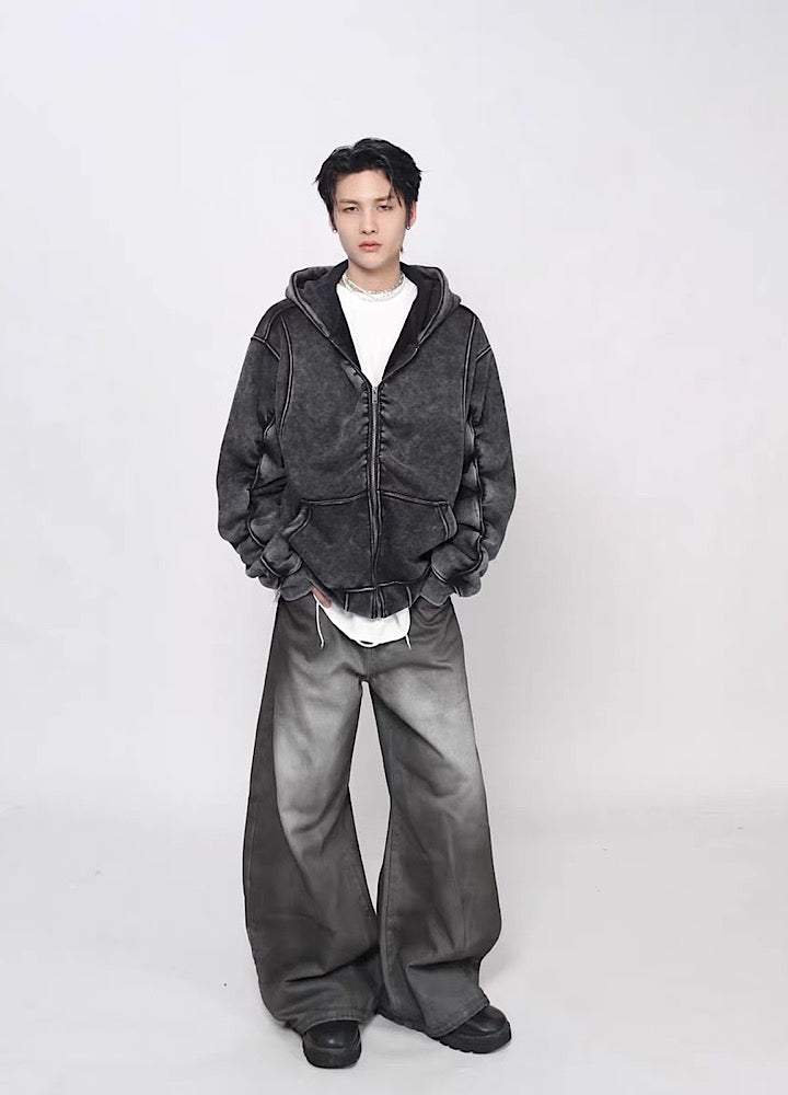 【Mz】Muted base color slip line short silhouette full zip hoodie  MZ0073
