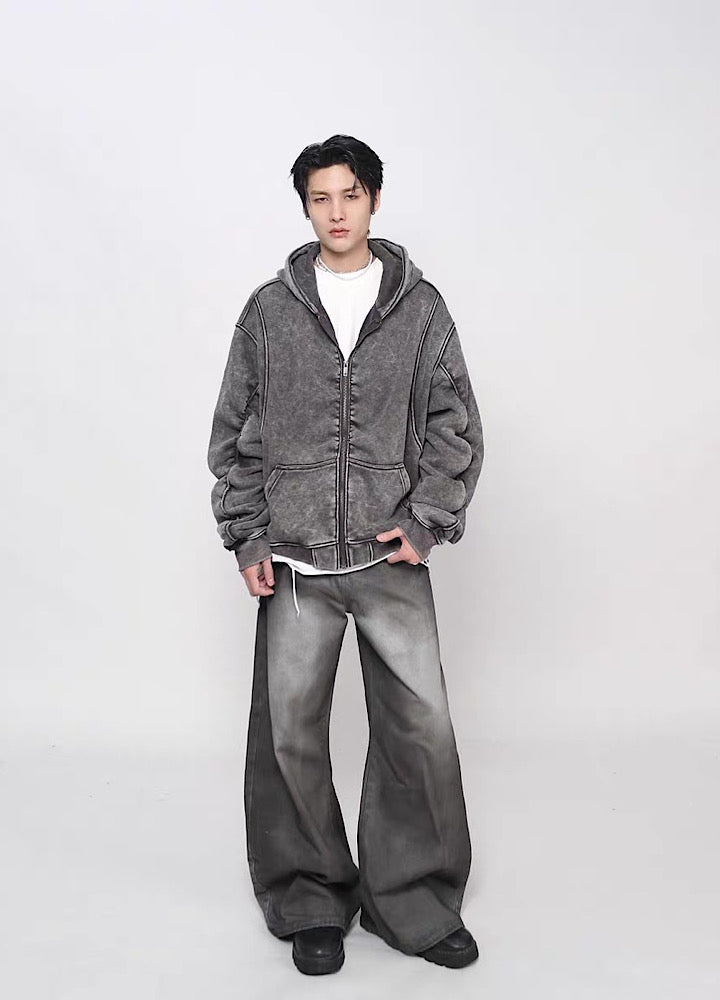 【Mz】Muted base color slip line short silhouette full zip hoodie  MZ0073