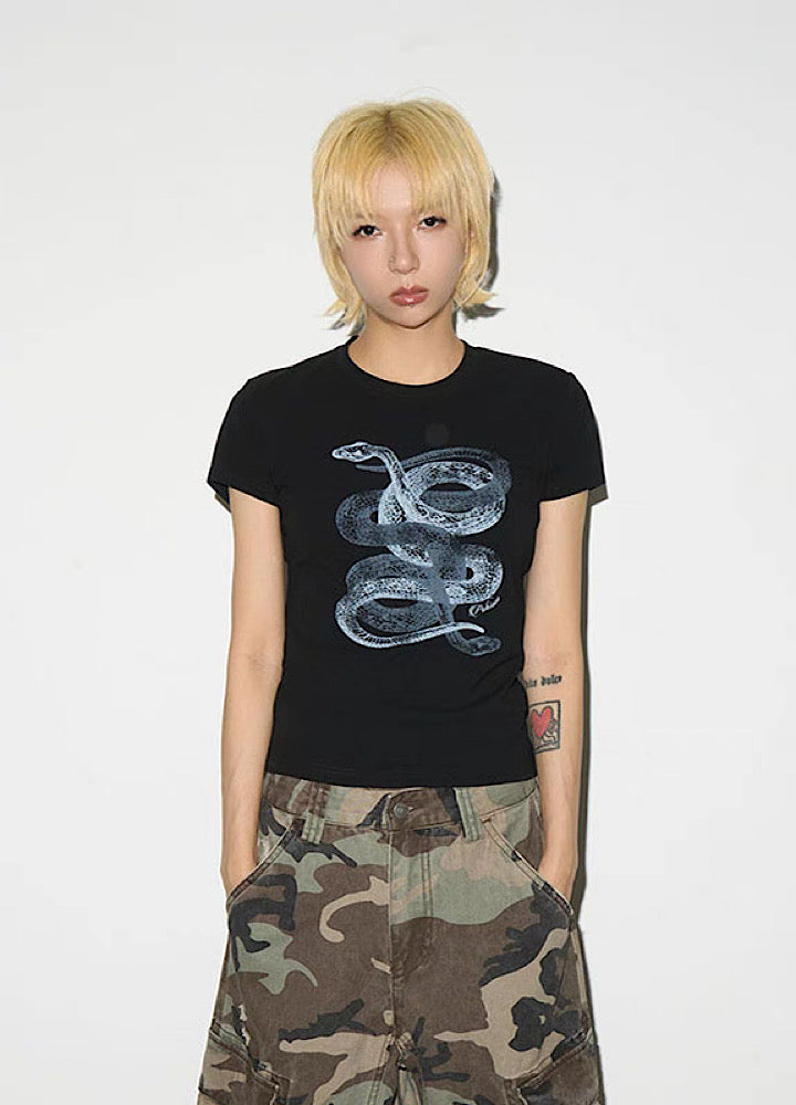 【MICHINNYON】Front snake design y2k style short sleeve tight T-shirt  MY0045