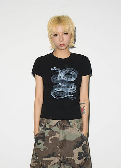 【MICHINNYON】Front snake design y2k style short sleeve tight T-shirt  MY0045