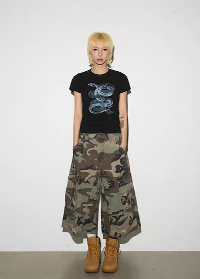 【MICHINNYON】Front snake design y2k style short sleeve tight T-shirt  MY0045