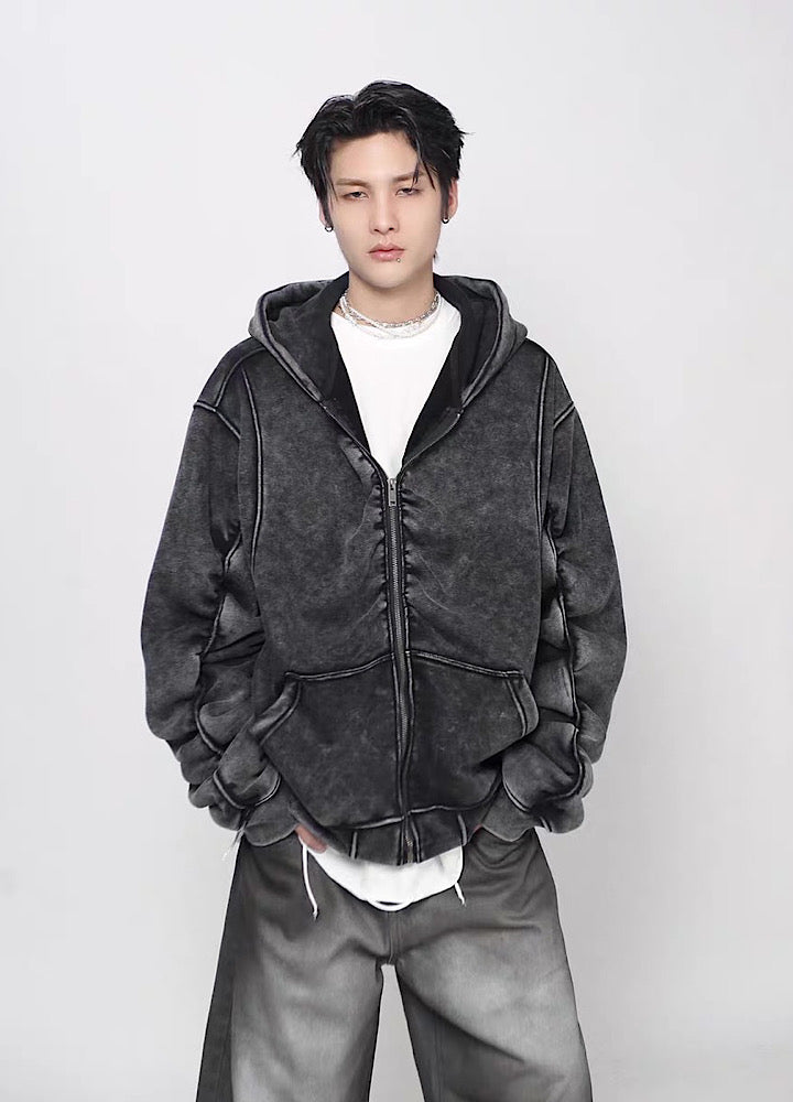 【Mz】Muted base color slip line short silhouette full zip hoodie  MZ0073