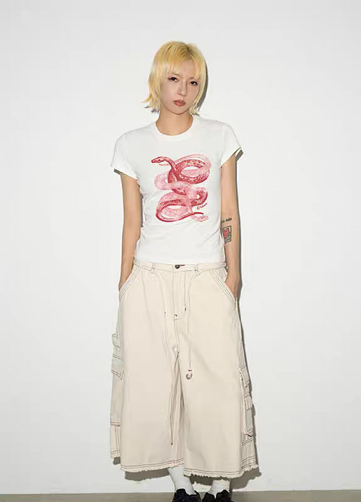 【MICHINNYON】Front snake design y2k style short sleeve tight T-shirt  MY0045