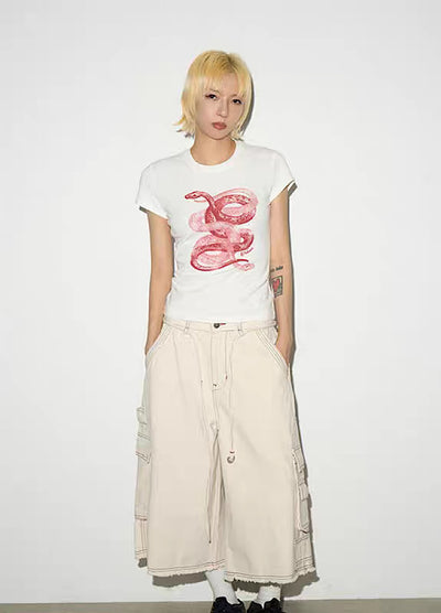 【MICHINNYON】Front snake design y2k style short sleeve tight T-shirt  MY0045