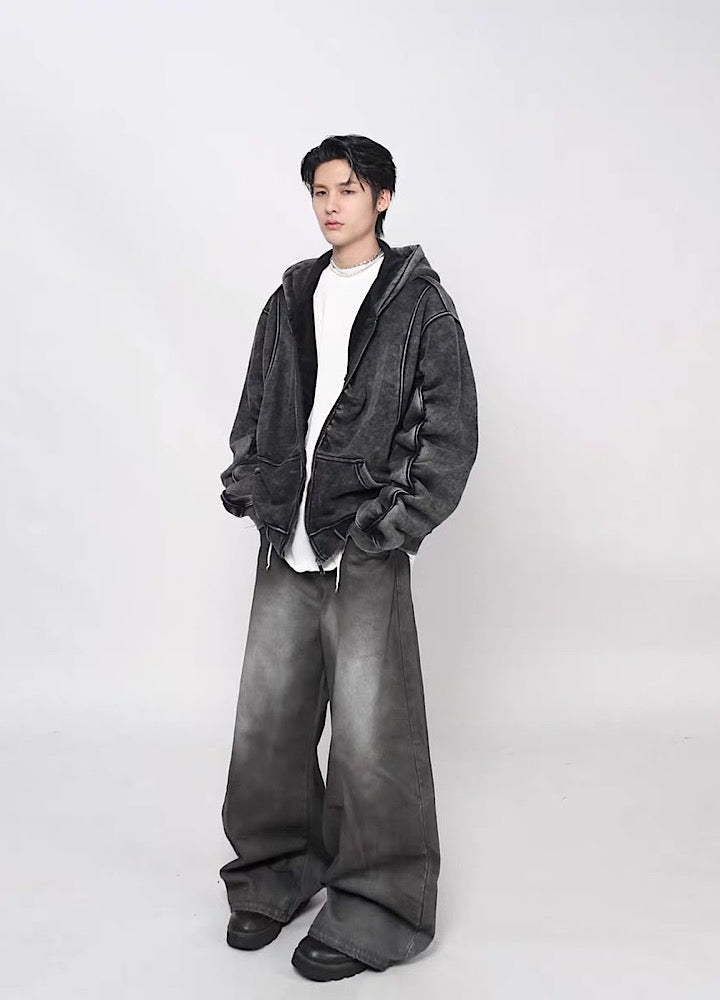 【Mz】Muted base color slip line short silhouette full zip hoodie  MZ0073