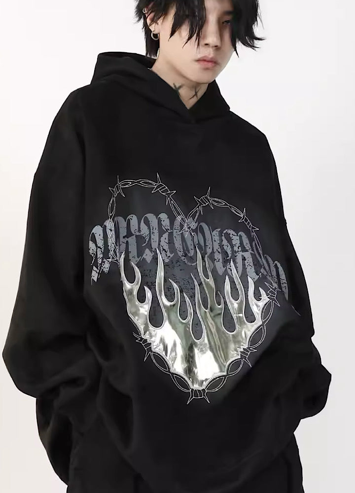 【MR nearly】Flame chain heart design logo print hoodie  MR0054