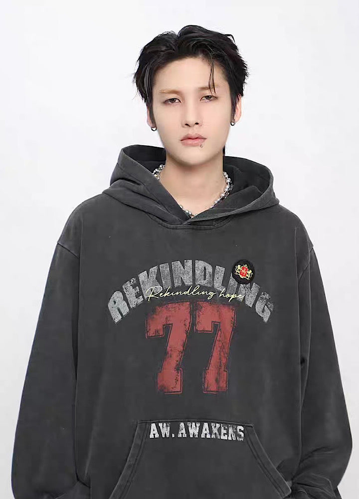 【Mz】College Vintage Front Initial Oversized Silhouette Design Hoodie  MZ0074