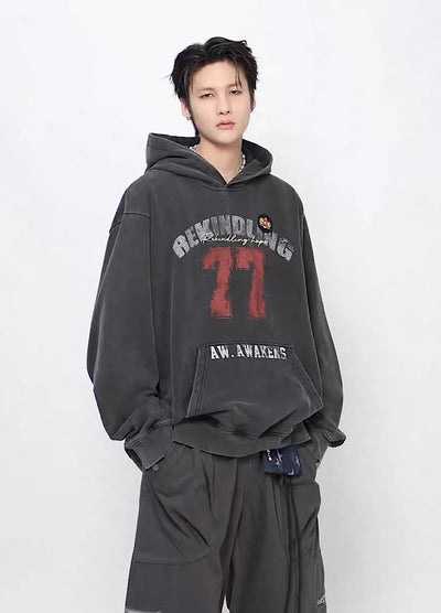 【Mz】College Vintage Front Initial Oversized Silhouette Design Hoodie  MZ0074