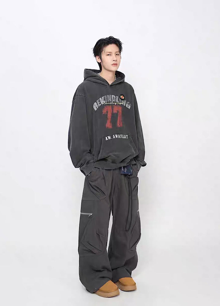【Mz】College Vintage Front Initial Oversized Silhouette Design Hoodie  MZ0074