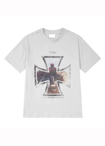 【MICHINNYON】Front cross design haze style short sleeve T-shirt  MY0044