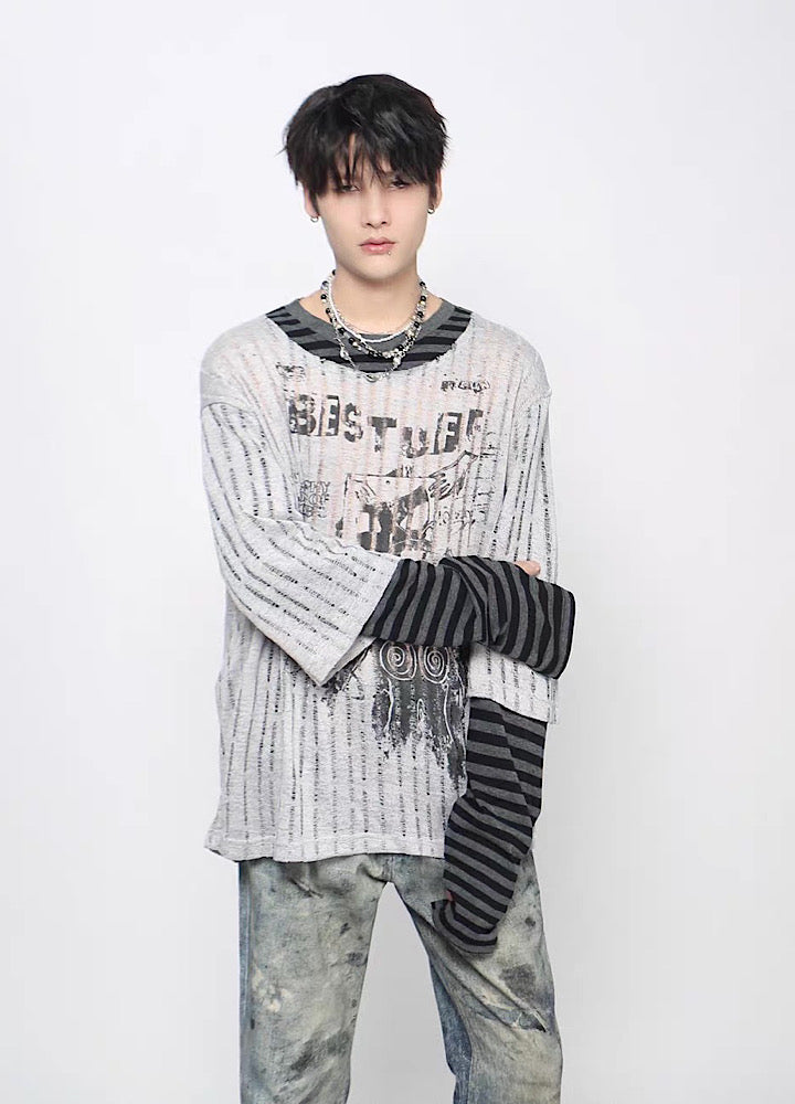 【Mz】Grunge decadent design layered striped long sleeve T-shirt  MZ0075