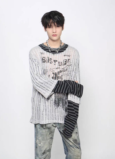 【Mz】Grunge decadent design layered striped long sleeve T-shirt  MZ0075